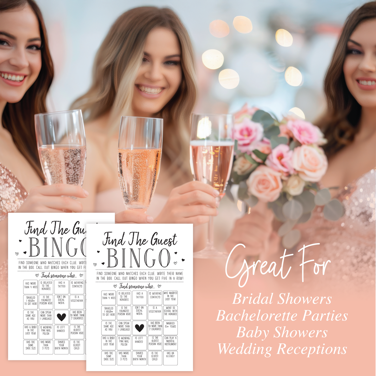 Your Main Event Prints Find The Guest Bingo Game for Bridal Shower, Baby Shower, and Bachelorette Parties - 50 Game Cards Included