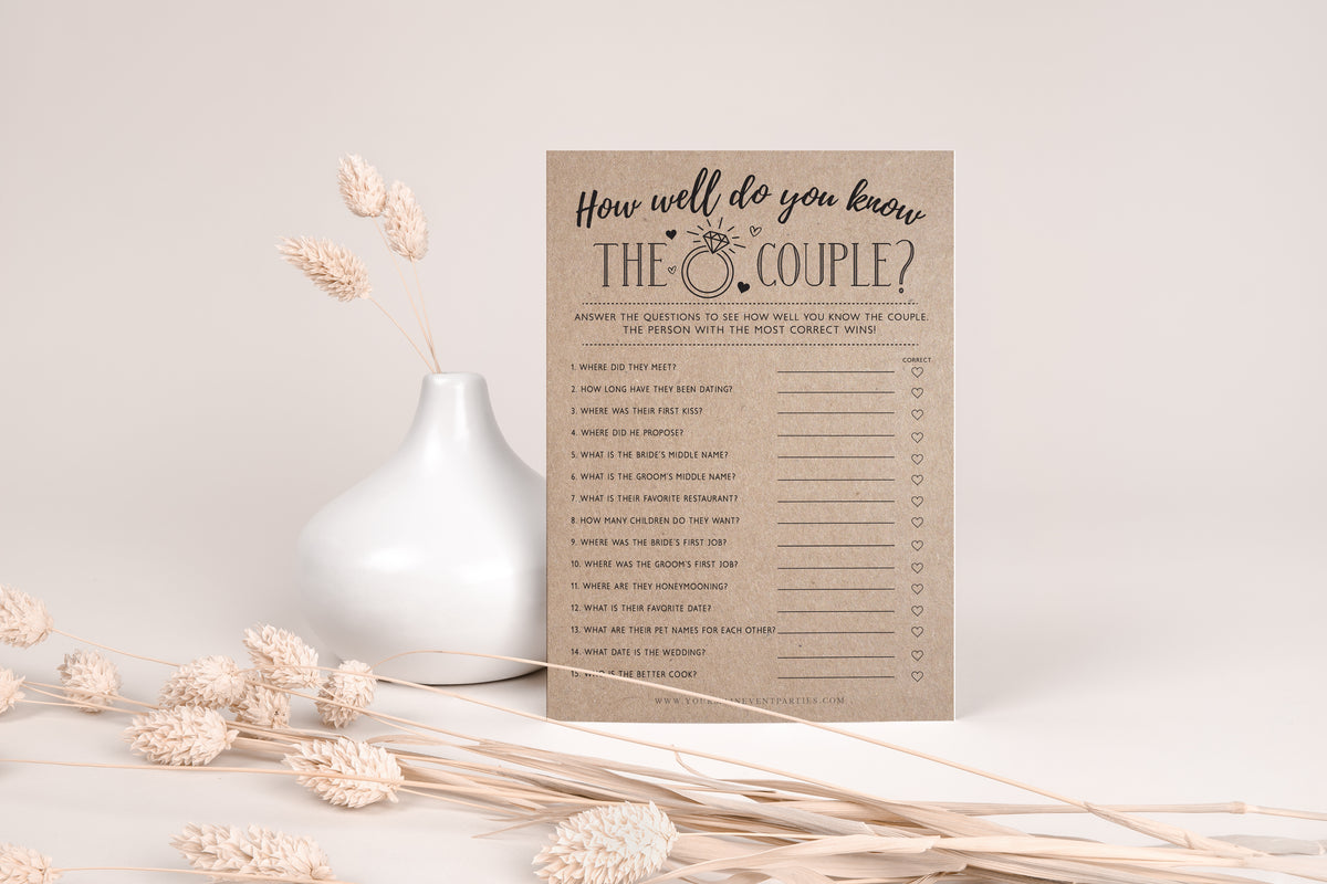 Your Main Event Prints Bridal Shower Games, Fun Activities, Kraft Minimalist Style (How Well Do You Know The Couple) - 50 Cards per Pack