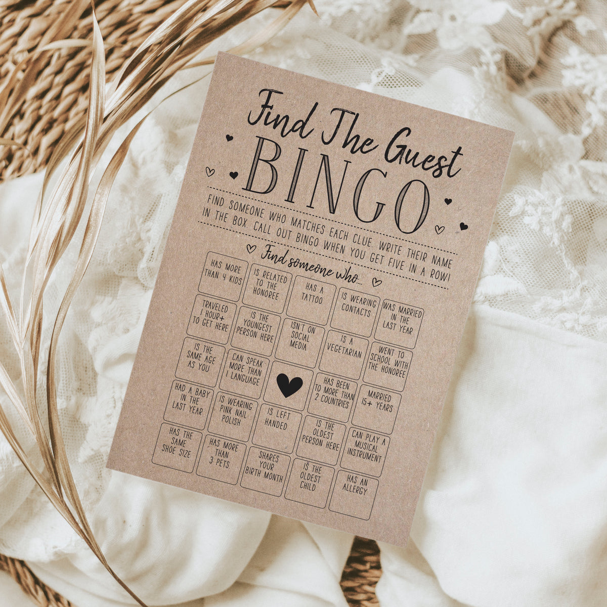 Your Main Event Prints Bridal Shower Game ? Find The Guest Bingo, Fun Activities in Kraft Minimalist Style, 50 Cards