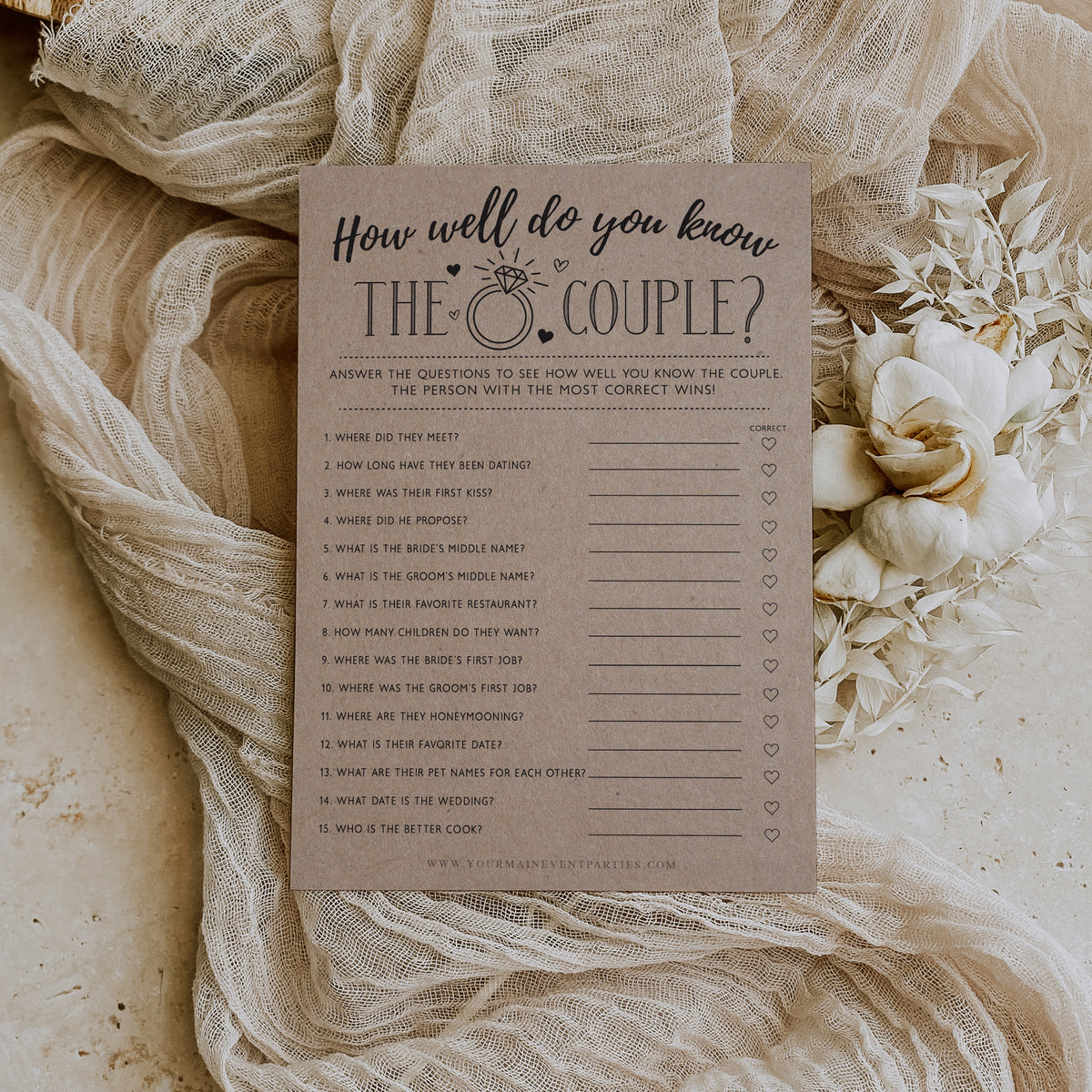 Your Main Event Prints Bridal Shower Games, Fun Activities, Kraft Minimalist Style (How Well Do You Know The Couple) - 50 Cards per Pack