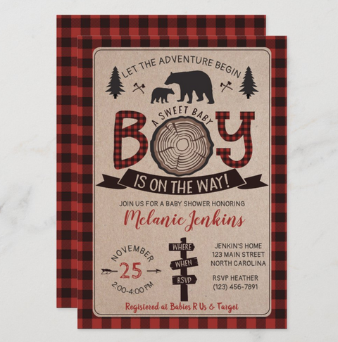 Lumberjack Flannel Boy Baby Shower Invitation Bear - Your Main Event