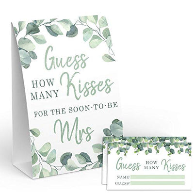 Eucalyptus How Many Kisses Game Sign and Cards Great For Bridal Showers and Weddings, Neutral Greenery Floral - Your Main Event