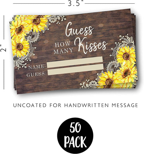 50 Sunflower Guess How Many Kisses Game Cards Great For Bridal Showers and Weddings, Neutral Greenery Floral - Your Main Event
