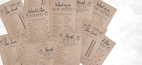 Bridal Shower Bachelorette Games, Rustic Kraft, He Said She Said, Find The Guest Quest, Would She Rather, What's In Your Phone Game, 25 games each - Your Main Event