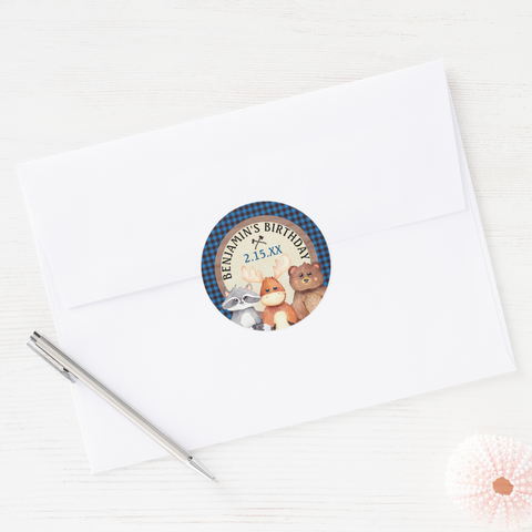 Blue Woodland Lumberjack Birthday Favor Stickers - Your Main Event