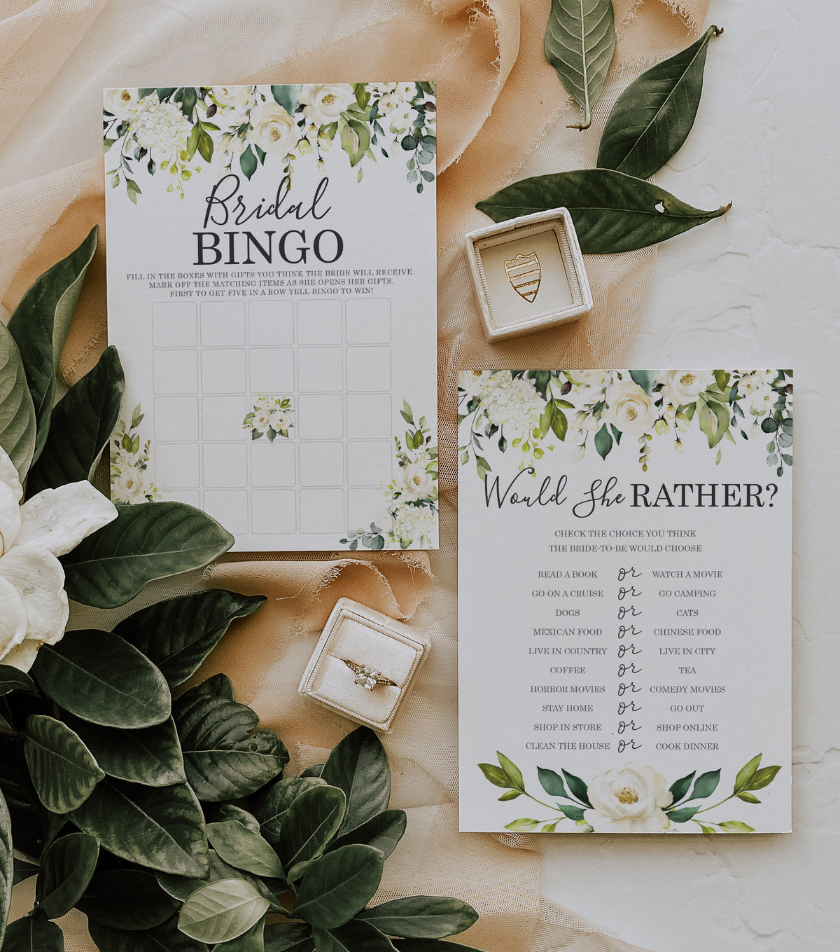 Bridal Shower Bachelorette Games - White Rose Floral - He Said She Said, Find The Guest Quest, Would She Rather, Bingo Game - 25 Games Each, Printed Front and Back, 1 Game Per Side