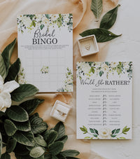 Bridal Shower Bachelorette Games - White Rose Floral - He Said She Said, Find The Guest Quest, Would She Rather, Bingo Game - 25 Games Each, Printed Front and Back, 1 Game Per Side