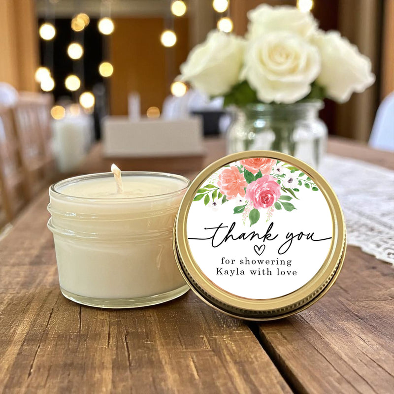 Bridal Shower Favor Candles, Personalized 4 oz. Soy Candle Favors, Personalized Favors, Floral Pink and Orange Bridal Shower Favors