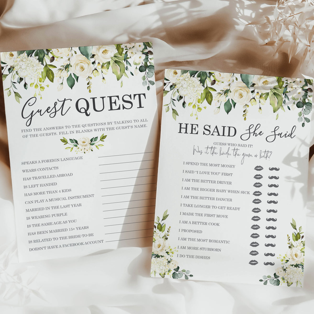 Bridal Shower Bachelorette Games - White Rose Floral - He Said She Said, Find The Guest Quest, Would She Rather, Bingo Game - 25 Games Each, Printed Front and Back, 1 Game Per Side