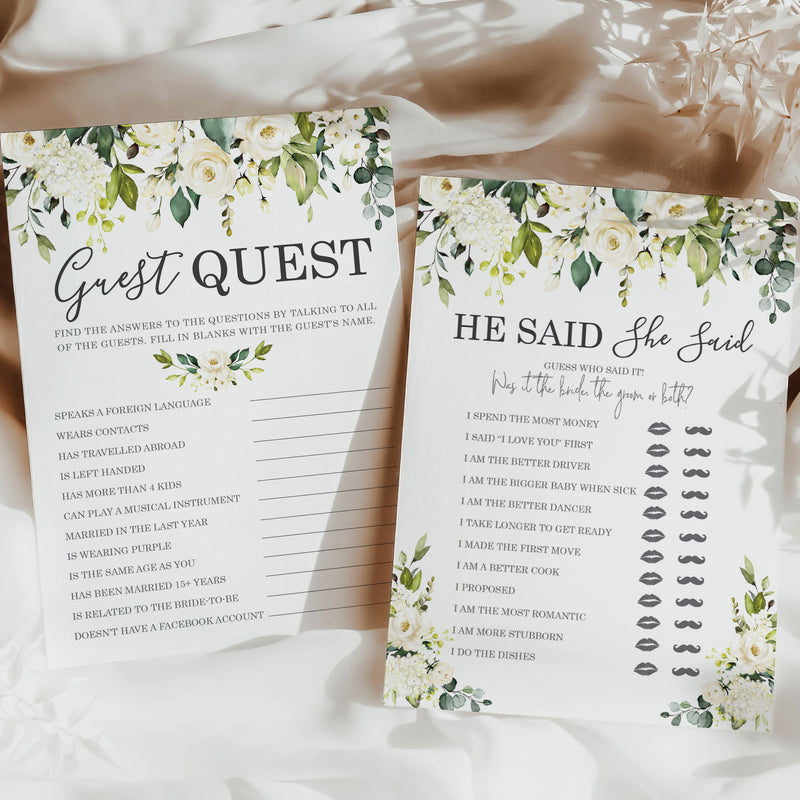 Bridal Shower Bachelorette Games - White Rose Floral - He Said She Said, Find The Guest Quest, Would She Rather, Bingo Game - 25 Games Each, Printed Front and Back, 1 Game Per Side