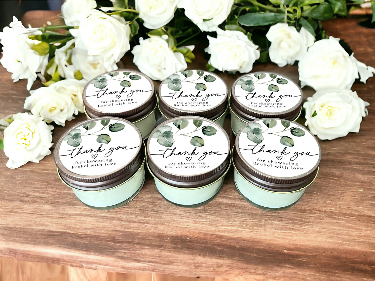 Personalized Eucalyptus Wedding and Bridal Shower Candle Favors