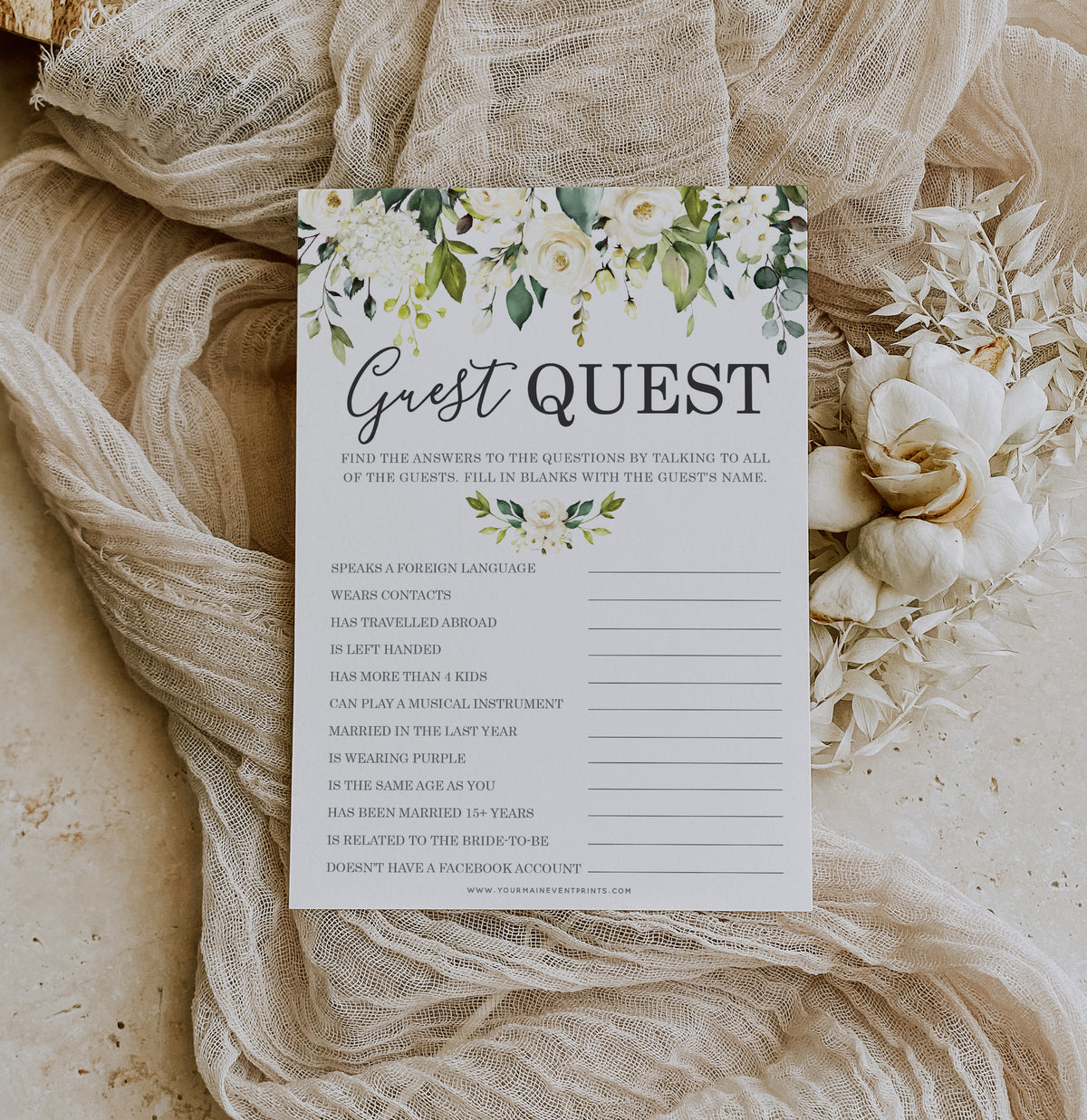 Bridal Shower Bachelorette Games - White Rose Floral - He Said She Said, Find The Guest Quest, Would She Rather, Bingo Game - 25 Games Each, Printed Front and Back, 1 Game Per Side