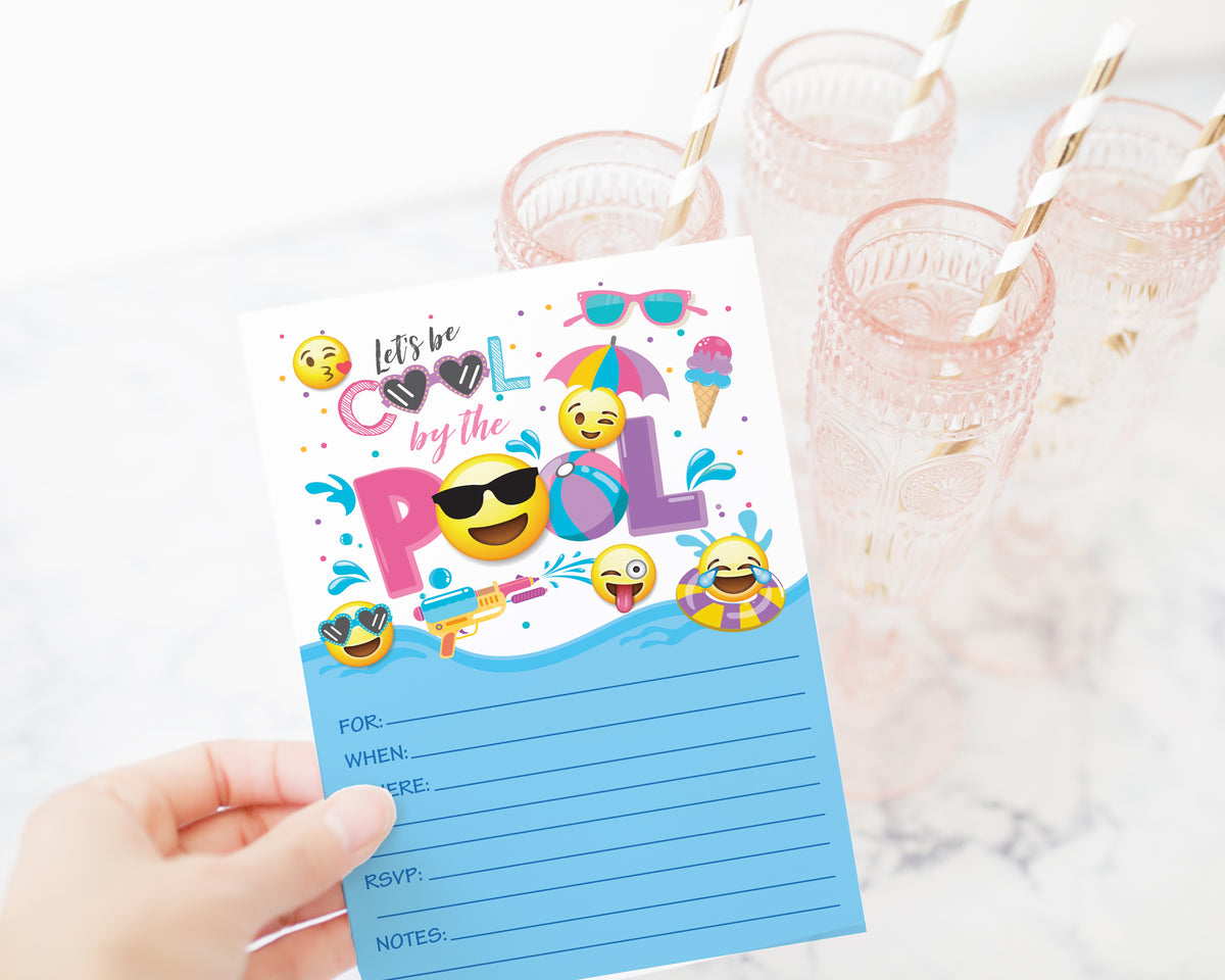 Your Main Event Prints Girl Emoji Pool Party Birthday Invitations - Summer Pool Party Bash - Splash Pad, Water Park Invites - 20 Fill-In Pool Party Invitations With White Envelopes