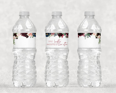 Burgundy and Navy Floral Bottle Wraps, 25 Floral Water Bottle Labels Decoration Favors - Your Main Event