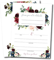 Navy Burgundy Wedding Invitations, floral, 20 Wedding Invites - Your Main Event