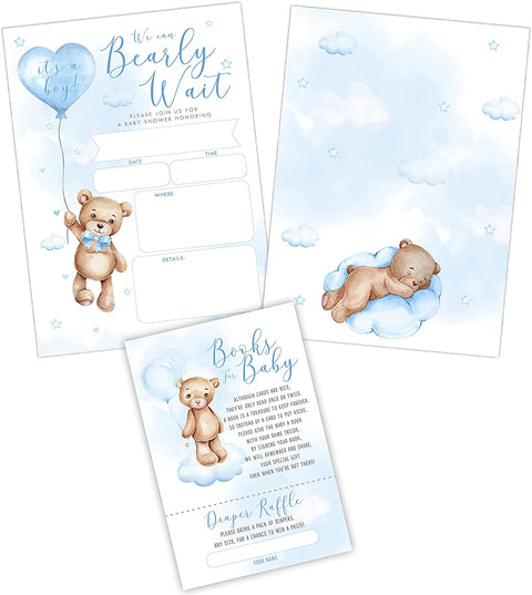 Bear Baby Shower Invitations with Book Request and Diaper Raffle Card, We Can Bearly Wait Teddy, Forest Animal, Baby Sprinkle, 20 Fill in Invites - Your Main Event