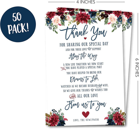 50 Navy Burgundy Wedding Thank You Place Setting Cards, Great For Adding to Your Table Centerpieces and Wedding Decorations for Receptions, Pack of 50 Cards - Your Main Event