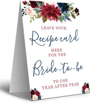 Navy Burgundy Leave Your Recipe Card Here Table Tent Sign, Wedding, Bridal Shower - Your Main Event