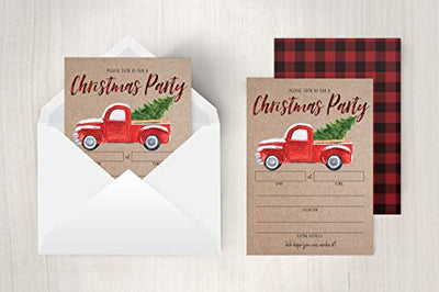 Rustic Christmas Party Invitation with Red Truck and Christmas Tree, Holiday Party Invite, Christmas Party, Holiday Party Invitations, 20 Fill in Invitations and Envelopes - Your Main Event