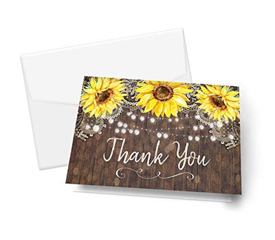 Country Lace and Sunflower Thank You Cards, Rustic Elegant for Wedding Rehearsal Dinner, Bridal Shower, Engagement, Birthday, Bachelorette Party, Baby Shower, Reception, Anniversary, Housewarming - Your Main Event