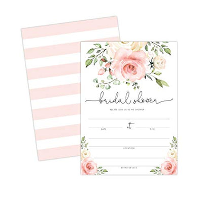 Bridal Shower Invitations, Pink Rose Floral Watercolor, 25 Wedding Invites and Envelopes - Your Main Event