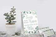 Eucalyptus How Many Kisses Game Sign and Cards Great For Bridal Showers and Weddings, Neutral Greenery Floral - Your Main Event