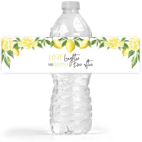 Lemon Themed Wedding Bridal Shower Bottle Wraps, 25 Lemon, Love Laughter and Happily Ever After, Water Bottle Labels Decoration Favors - Your Main Event