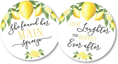 50 Lemon Themed Favor Stickers, She Found Her Main Squeeze, Love Laughter and Happily Ever After, 2" Round Stickers, 25 of Each Design - Your Main Event