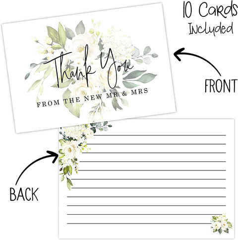 White Rose Wedding Thank You Cards, 60 Greenery Floral Bulk Bridal Shower Newlywed Stationary Supplies - Your Main Event