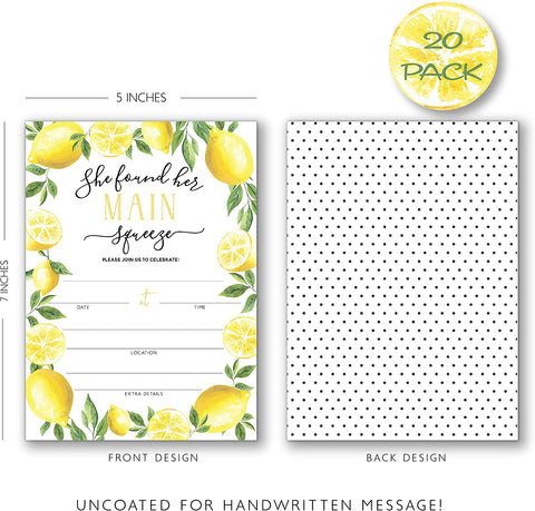20 Lemon Themed Invitations, 20 White A7 Envelopes She Found Her Main Squeeze, Perfect for Wedding, Bridal Shower, Bachelorette Parties - Your Main Event