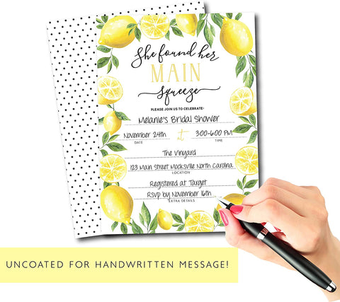 20 Lemon Themed Invitations, 20 White A7 Envelopes She Found Her Main Squeeze, Perfect for Wedding, Bridal Shower, Bachelorette Parties - Your Main Event