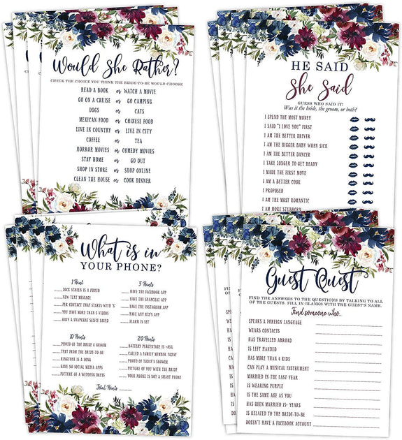 Navy and Burgundy Floral Bridal Shower Bachelorette Games, He Said She ...