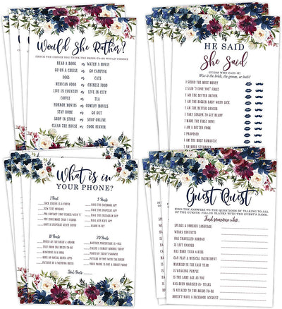 Navy and Burgundy Floral Bridal Shower Bachelorette Games, He Said She Said, Find The Guest Quest, Would She Rather, What's In Your Phone, 25 games each - Your Main Event