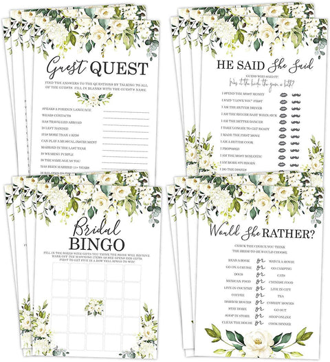 Bridal Shower Bachelorette Games, White Rose Floral, He Said She Said, Find The Guest Quest, Would She Rather, Bingo Game, 25 games each - Your Main Event