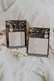 Bridal Shower Bachelorette Games, Rustic Wood Barrel Mason Jar, He Said She Said, Find The Guest Quest, Would She Rather, Phone Game, 25 games each - Your Main Event