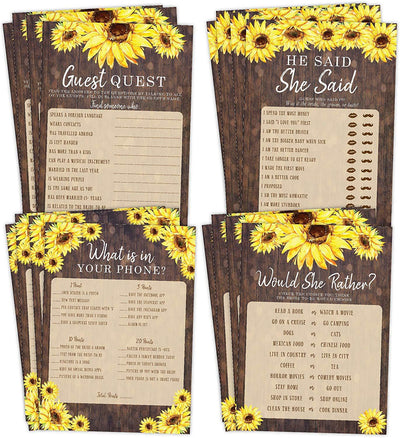 Sunflower Bridal Shower Bachelorette Games, He Said She Said, Find The Guest Quest, Would She Rather, Phone Game, 25 games each - Your Main Event