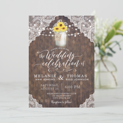Rustic Lace Sunflower Wedding Invitation With Mason Jar and Lights Printable - Your Main Event