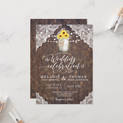 Rustic Lace Sunflower Wedding Invitation With Mason Jar and Lights Printable - Your Main Event