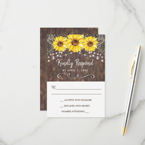 Rustic Lace Sunflower RSVP Response Card Printable - Your Main Event